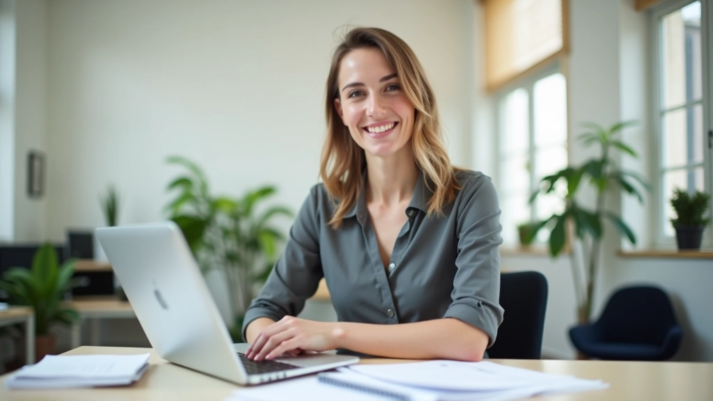 Professionele vrouw aan bureau met laptop en planningsmateriaal, zonnig kantoor, zelfverzekerde houding